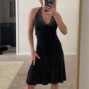 Vintage Y2K Ruby Rox Black Rhinestone Halter Ruched Fairy Mini Dress‎